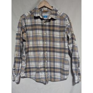 Columbia Men's Plaid Button Up Long Sleeve Size Medium Beige Gray Outdoors